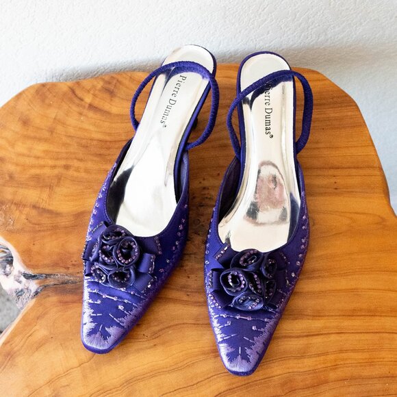 Pierre Dumas Purple Slingback Kitten Heels Size 11 Beaded Floral Cocktail Shoes - Picture 4 of 9